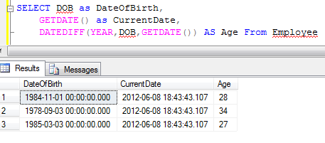 Calculate age from SQL Server