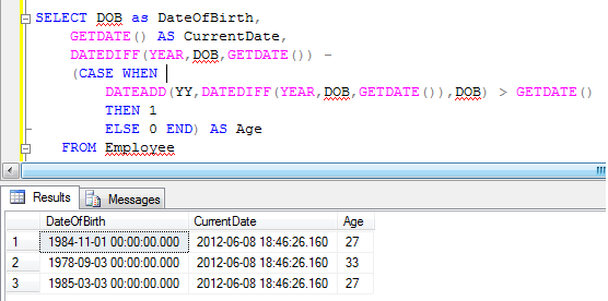 Find the age using SQL Server